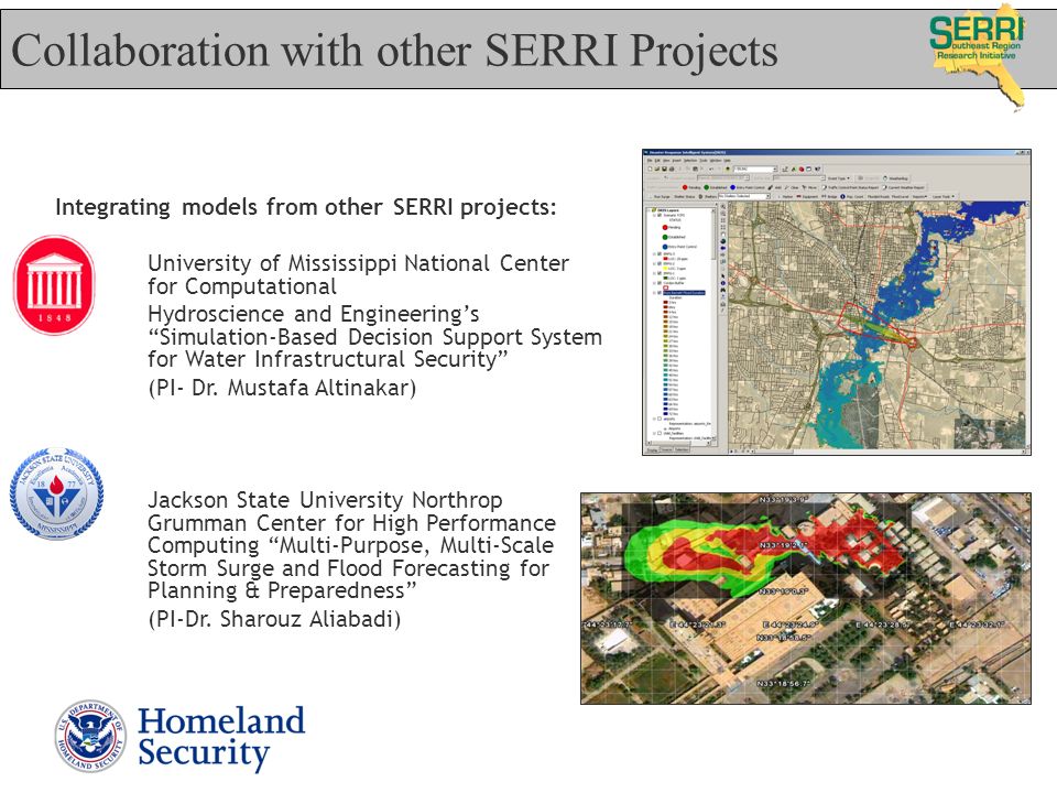Collaboration with other SERRI Projects Integrating models from other SERRI projects: University of Mississippi National Center for Computational Hydroscience and Engineering’s Simulation-Based Decision Support System for Water Infrastructural Security (PI- Dr.
