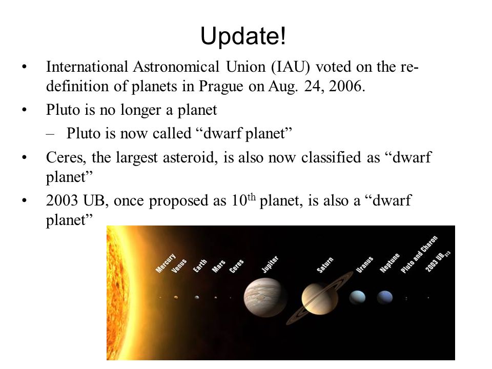 The Outer Worlds. Update! International Astronomical Union (IAU) voted on the re- definition of planets in Prague on Aug. 24, Pluto is no longer. - ppt download