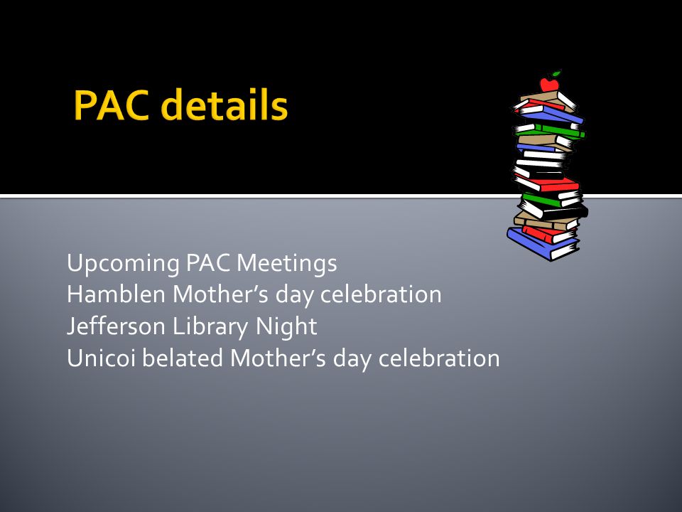 Upcoming PAC Meetings Hamblen Mother’s day celebration Jefferson Library Night Unicoi belated Mother’s day celebration