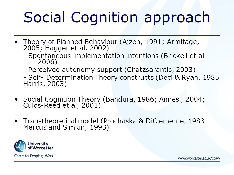 Social Cognition approach Theory of Planned Behaviour (Ajzen, 1991; Armitage, 2005; Hagger et al.