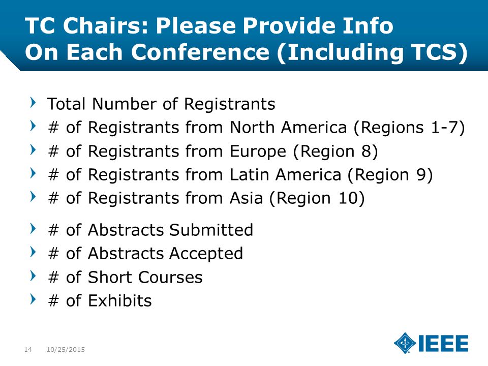 12-CRS /12 TC Chairs: Please Provide Info On Each Conference (Including TCS) 10/25/ Total Number of Registrants # of Registrants from North America (Regions 1-7) # of Registrants from Europe (Region 8) # of Registrants from Latin America (Region 9) # of Registrants from Asia (Region 10) # of Abstracts Submitted # of Abstracts Accepted # of Short Courses # of Exhibits