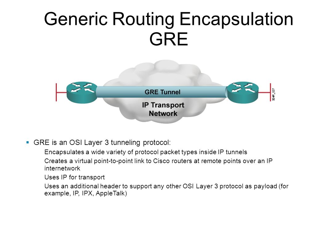 Generic Routing Encapsulation GRE  GRE is an OSI Layer 3 tunneling  protocol: Encapsulates a wide variety of protocol packet types inside. -  ppt download