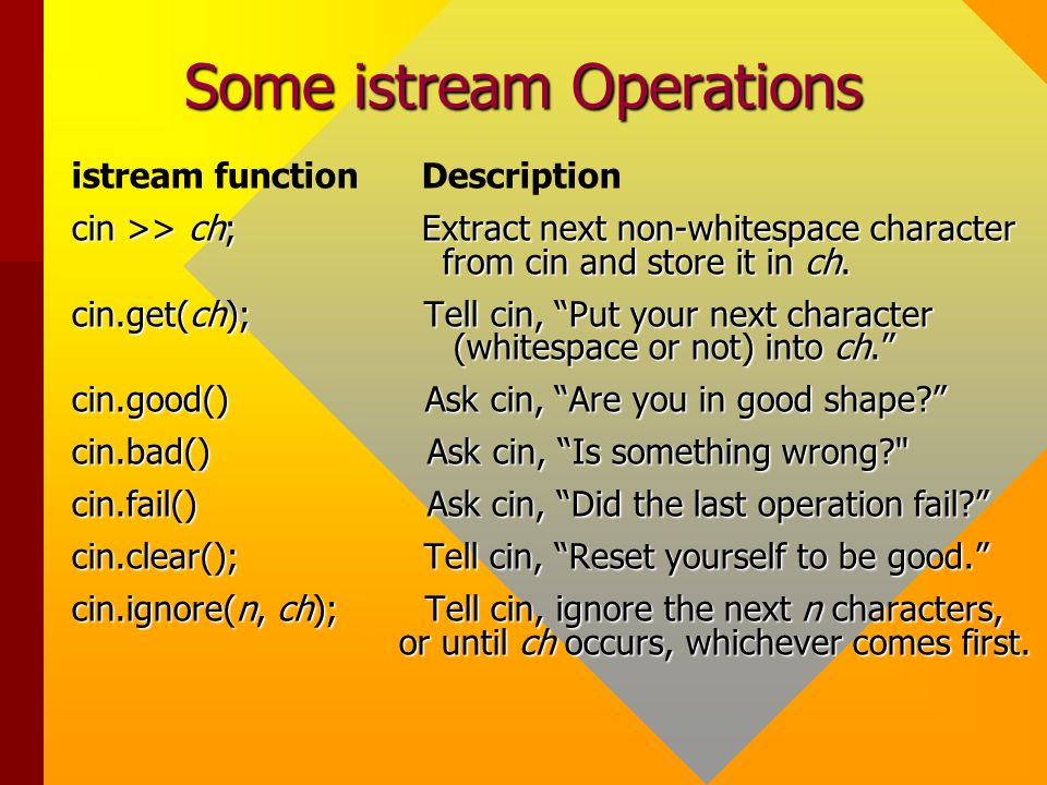 File I/O ifstreams and ofstreams. Some istream Operations istream function  Description cin >> ch; Extract next non-whitespace character from cin and  store. - ppt download
