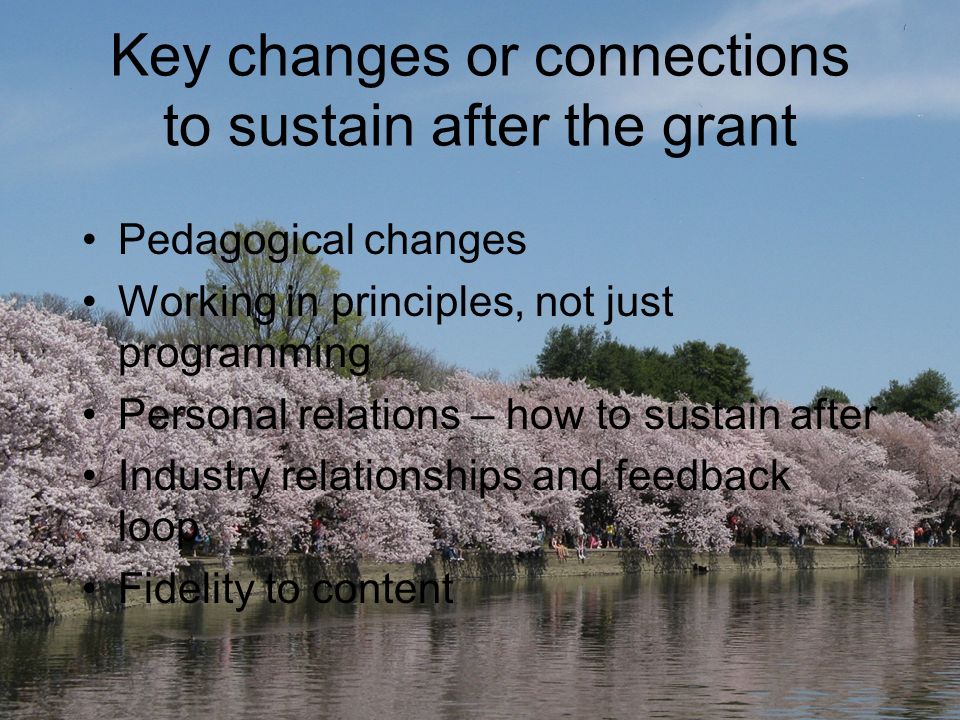 Key changes or connections to sustain after the grant Pedagogical changes Working in principles, not just programming Personal relations – how to sustain after Industry relationships and feedback loop Fidelity to content