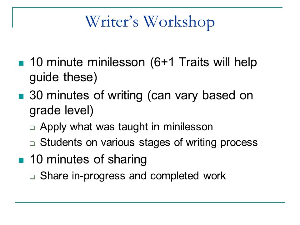 Writer’s Workshop 10 minute minilesson (6+1 Traits will help guide these) 30 minutes of writing (can vary based on grade level)  Apply what was taught in minilesson  Students on various stages of writing process 10 minutes of sharing  Share in-progress and completed work