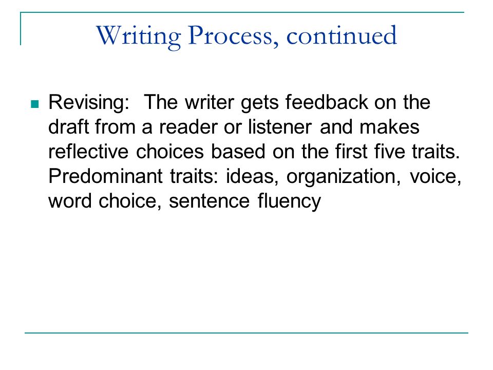 Writing Process, continued Revising: The writer gets feedback on the draft from a reader or listener and makes reflective choices based on the first five traits.