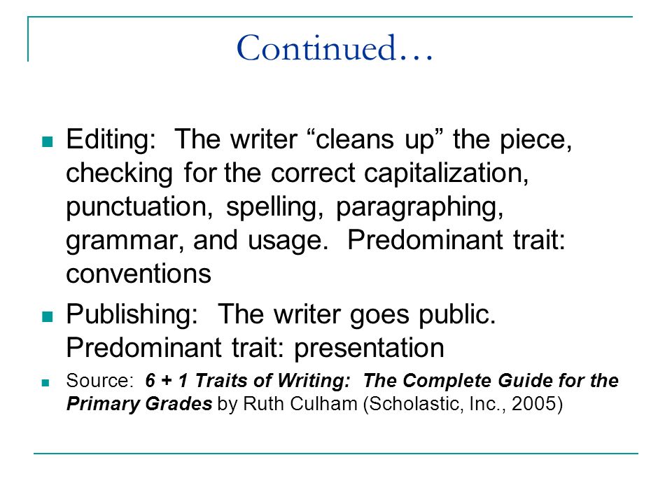 Continued… Editing: The writer cleans up the piece, checking for the correct capitalization, punctuation, spelling, paragraphing, grammar, and usage.