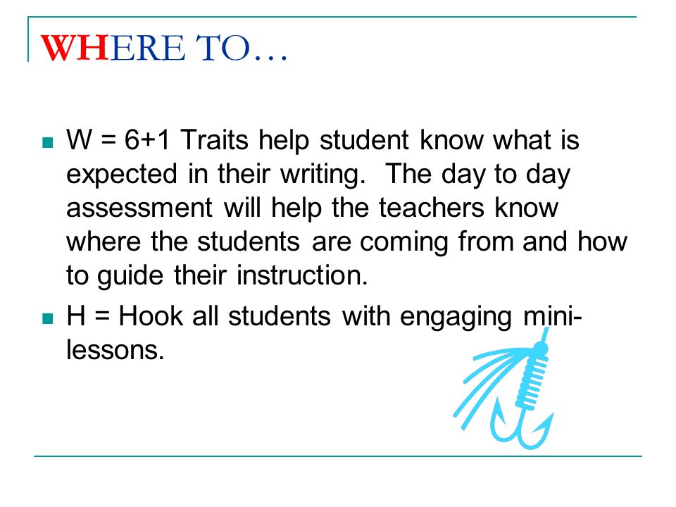 WHERE TO… W = 6+1 Traits help student know what is expected in their writing.