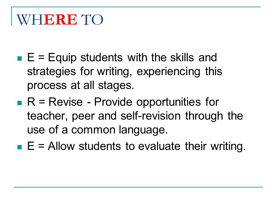 WHERE TO E = Equip students with the skills and strategies for writing, experiencing this process at all stages.