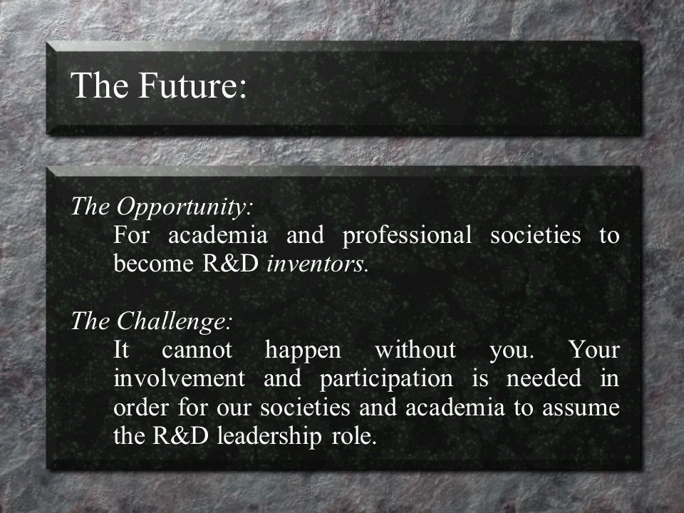 The Future: The Opportunity: For academia and professional societies to become R&D inventors.