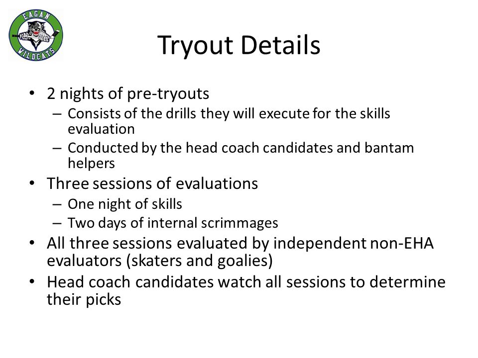 Tryout Details 2 nights of pre-tryouts – Consists of the drills they will execute for the skills evaluation – Conducted by the head coach candidates and bantam helpers Three sessions of evaluations – One night of skills – Two days of internal scrimmages All three sessions evaluated by independent non-EHA evaluators (skaters and goalies) Head coach candidates watch all sessions to determine their picks