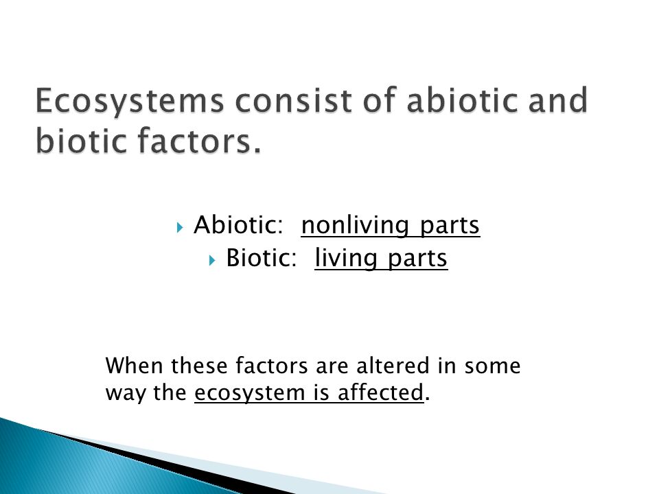  Abiotic: nonliving parts  Biotic: living parts When these factors are altered in some way the ecosystem is affected.