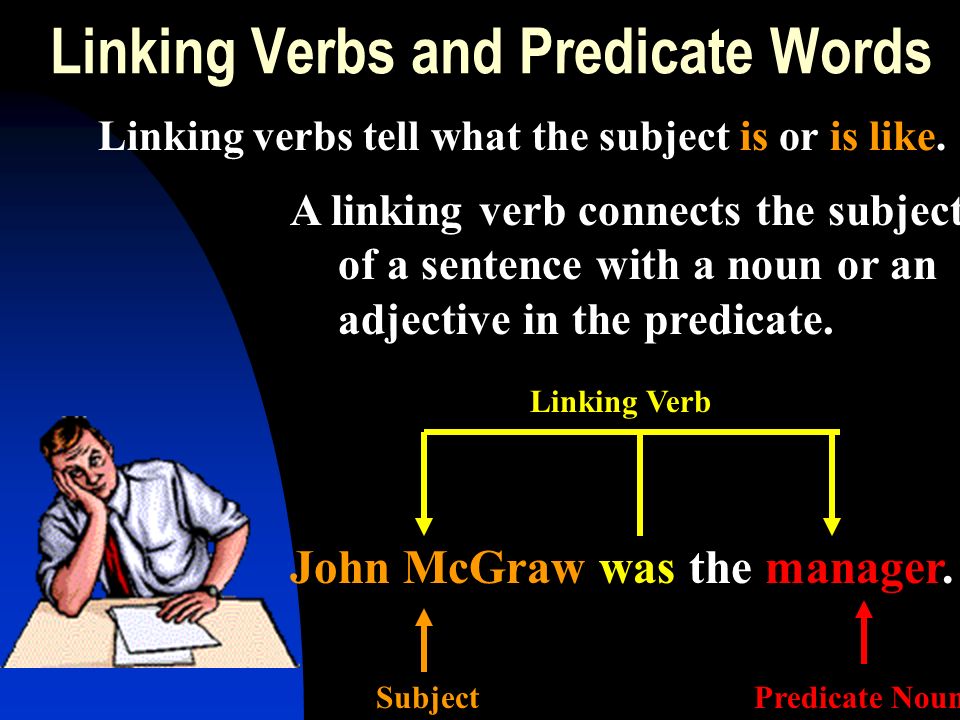 Linking Verbs and Predicate Words A linking verb connects the subject of a sentence with a noun or an adjective in the predicate.