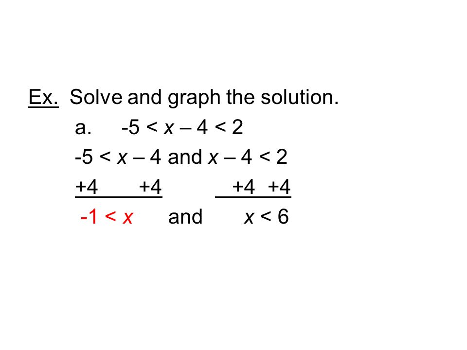 Ex. Solve and graph the solution. a. -5 < x – 4 < 2 -5 < x – 4 and x – 4 < < x and x < 6