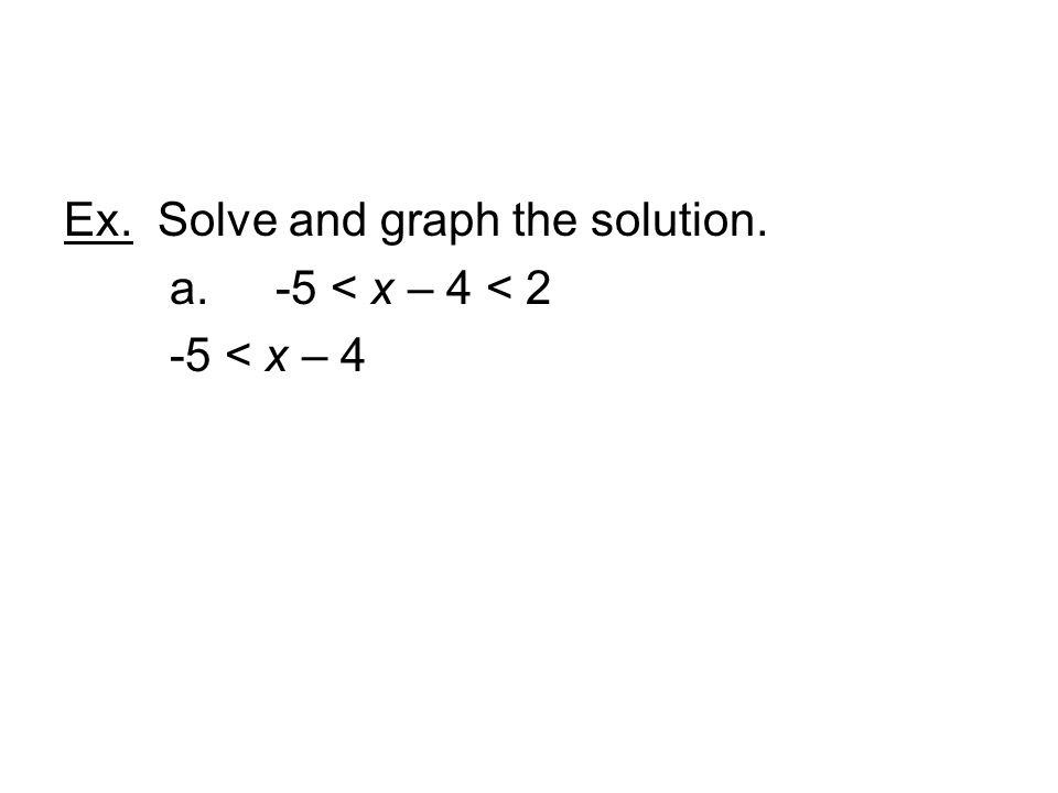 Ex. Solve and graph the solution. a. -5 < x – 4 < 2 -5 < x – 4