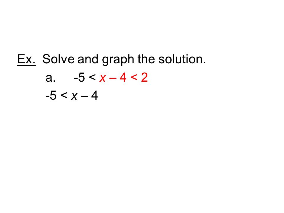 Ex. Solve and graph the solution. a. -5 < x – 4 < 2 -5 < x – 4