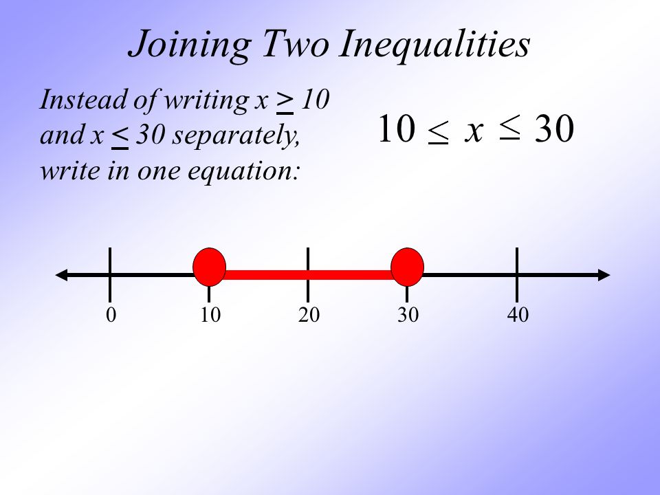 Joining Two Inequalities 10 x Instead of writing x > 10 and x < 30 separately, write in one equation: