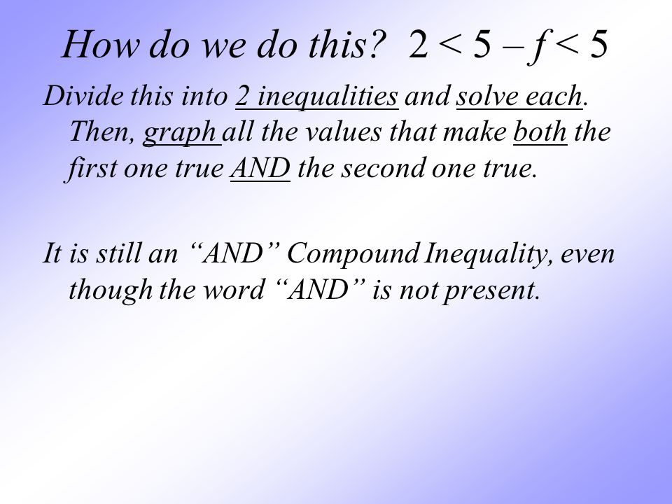 How do we do this. 2 < 5 – f < 5 Divide this into 2 inequalities and solve each.