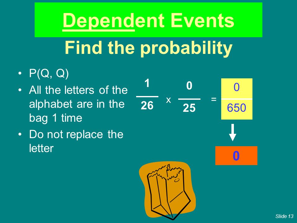 Find the probability P(Q, Q) All the letters of the alphabet are in the bag 1 time Do not replace the letter x= Dependent Events Slide 13