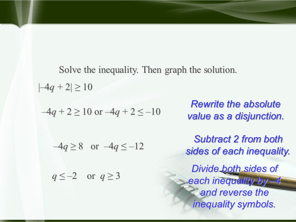 Solve the inequality. Then graph the solution. Rewrite the absolute value as a disjunction.