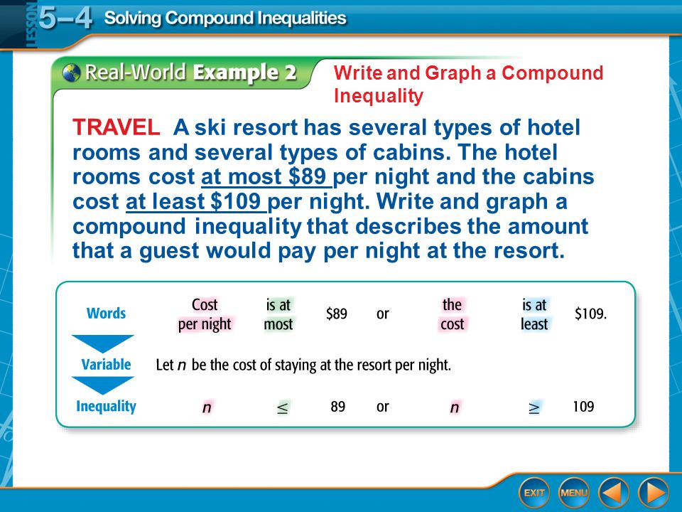 Example 2 Write and Graph a Compound Inequality TRAVEL A ski resort has several types of hotel rooms and several types of cabins.