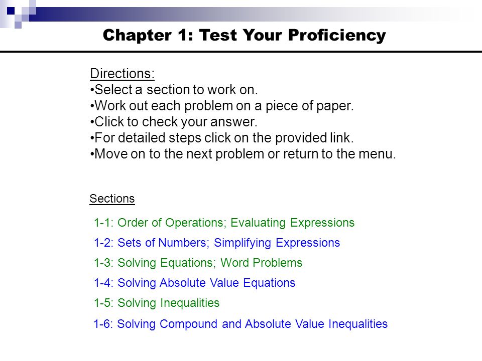 Chapter 1: Test Your Proficiency Directions: Select a section to work on.