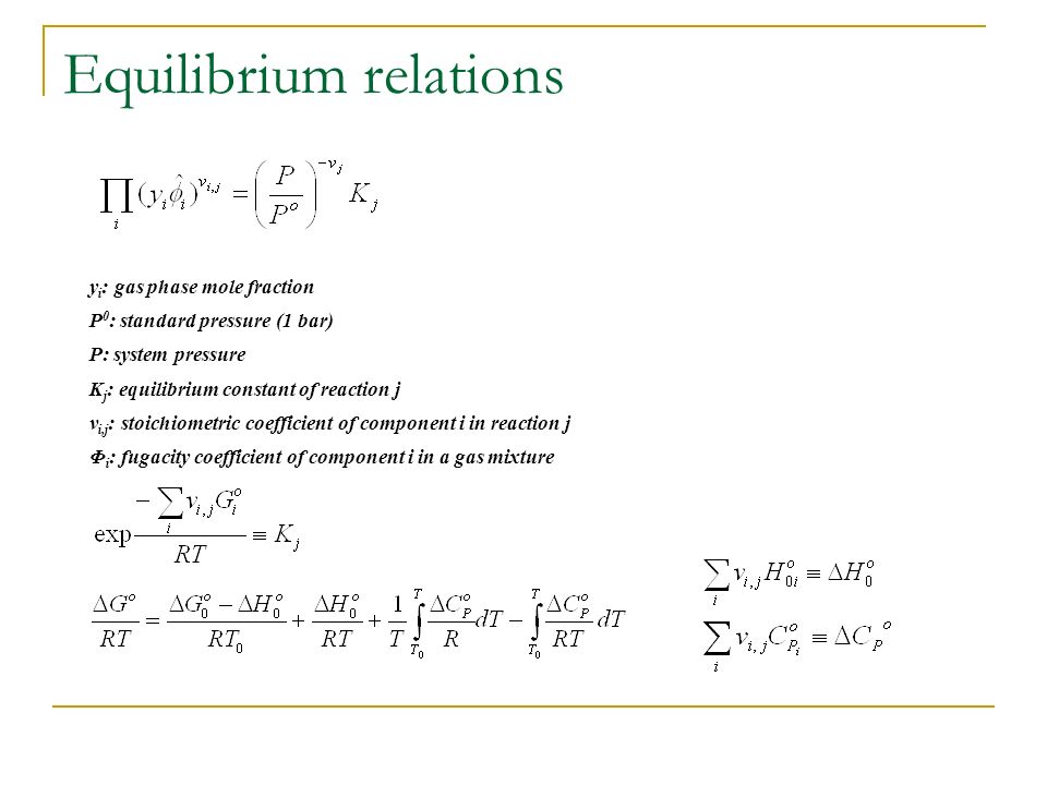 Equilibrium relations y i : gas phase mole fraction P 0 : standard pressure (1 bar) P: system pressure K j : equilibrium constant of reaction j v i,j : stoichiometric coefficient of component i in reaction j Φ i : fugacity coefficient of component i in a gas mixture