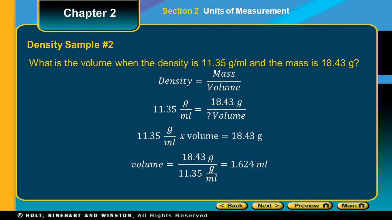 Density Sample #2 Chapter 2 Section 2 Units of Measurement