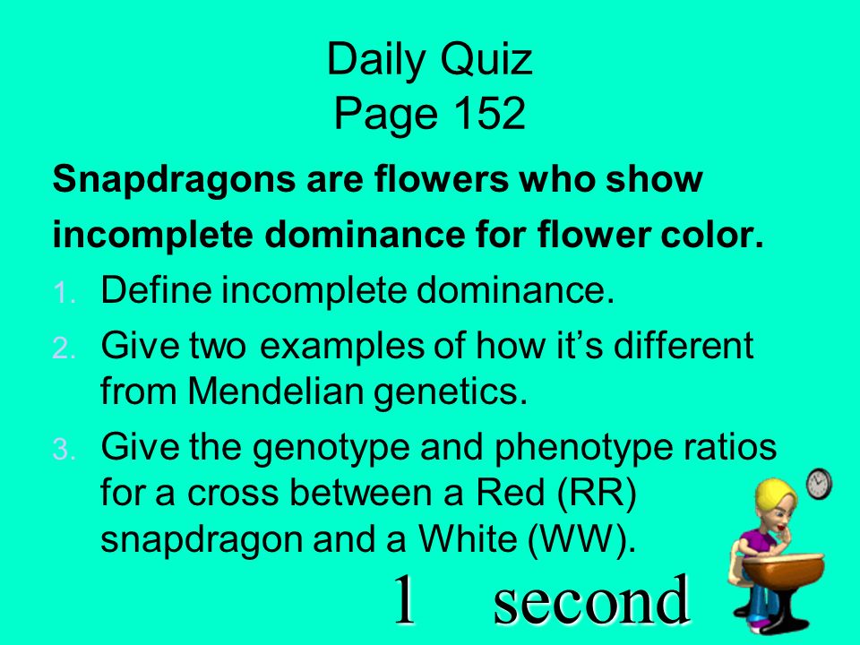 2seconds Daily Quiz Page 152 Snapdragons are flowers who show incomplete dominance for flower color.