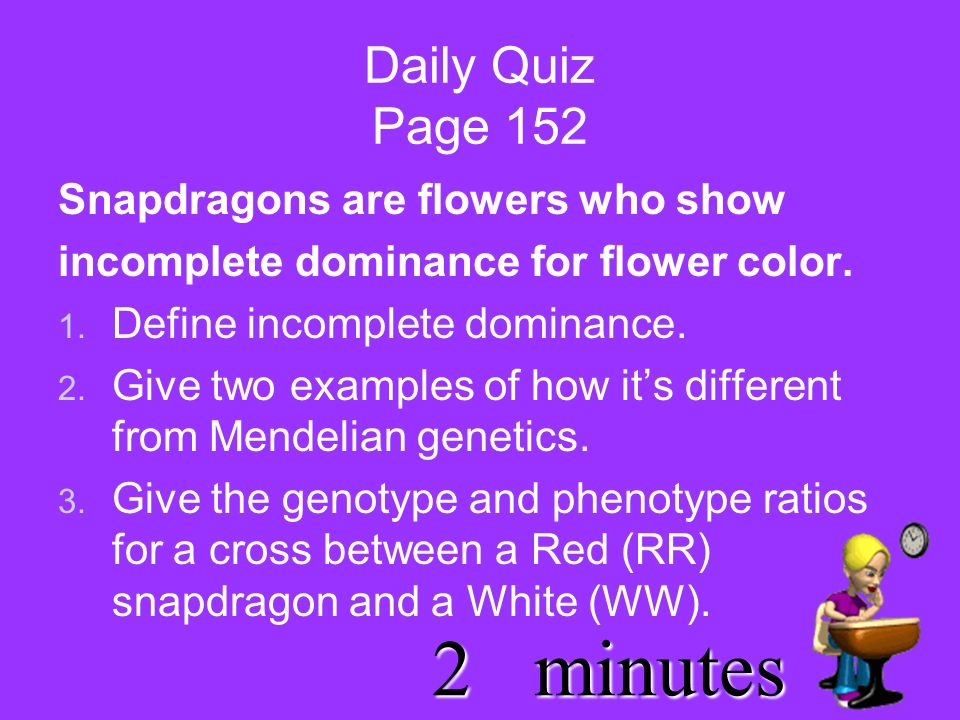 3minutes Daily Quiz Page 152 Snapdragons are flowers who show incomplete dominance for flower color.
