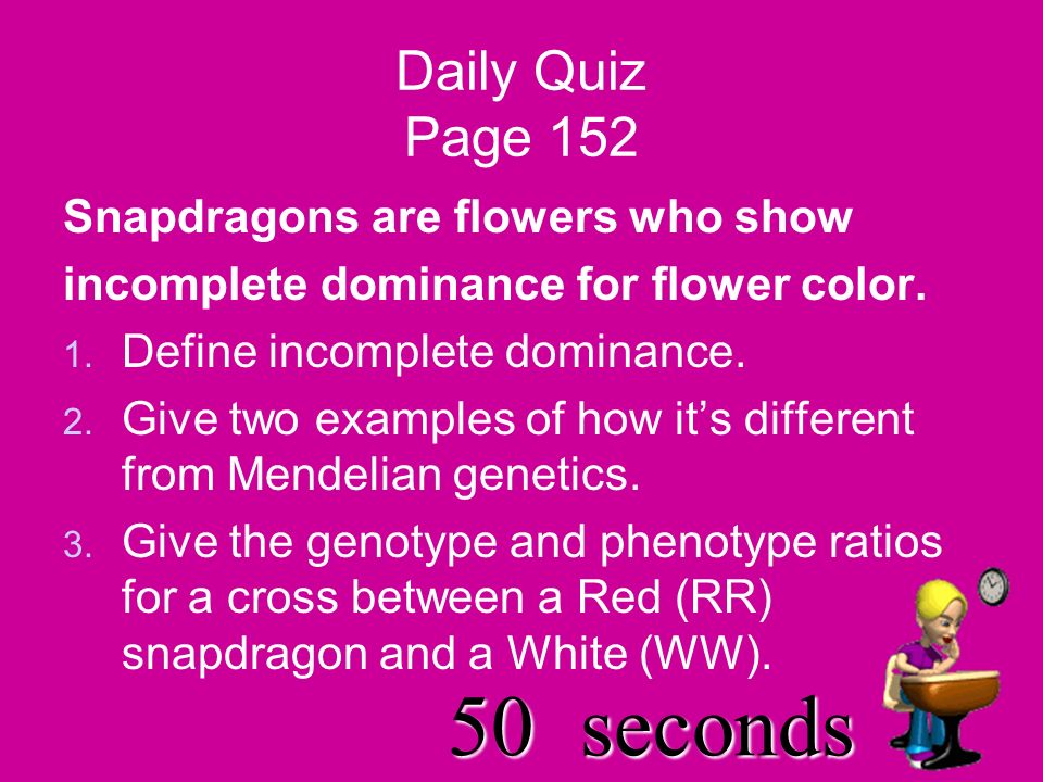 1minutes Daily Quiz Page 152 Snapdragons are flowers who show incomplete dominance for flower color.