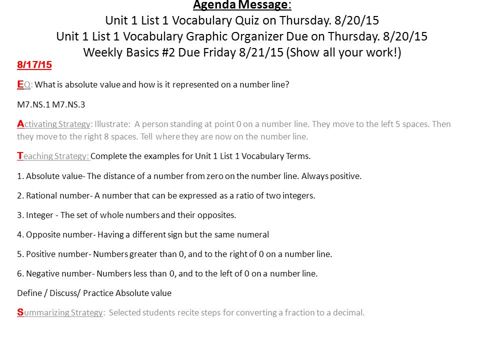 Agenda Message: Unit 1 List 1 Vocabulary Quiz on Thursday.
