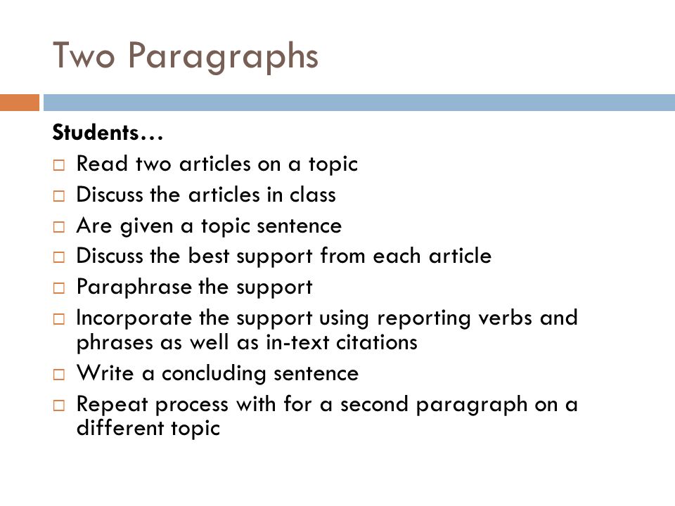 Students…  Read two articles on a topic  Discuss the articles in class  Are given a topic sentence  Discuss the best support from each article  Paraphrase the support  Incorporate the support using reporting verbs and phrases as well as in-text citations  Write a concluding sentence  Repeat process with for a second paragraph on a different topic