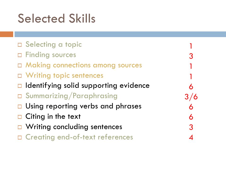Selected Skills  Selecting a topic  Finding sources  Making connections among sources  Writing topic sentences  Identifying solid supporting evidence  Summarizing/Paraphrasing  Using reporting verbs and phrases  Citing in the text  Writing concluding sentences  Creating end-of-text references /
