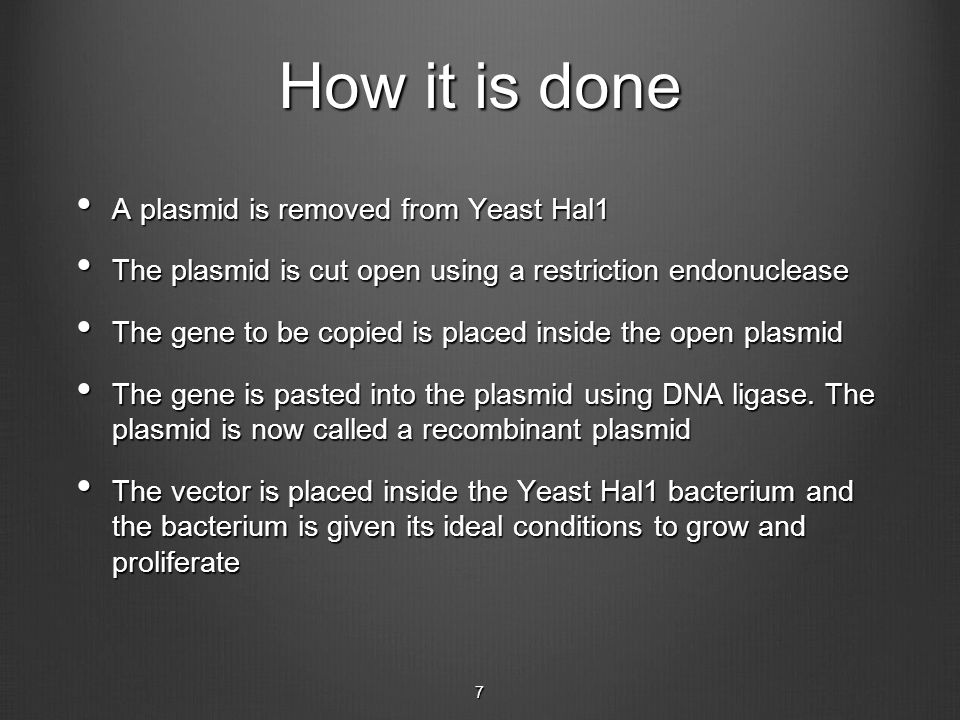 7 How it is done A plasmid is removed from Yeast Hal1 A plasmid is removed from Yeast Hal1 The plasmid is cut open using a restriction endonuclease The plasmid is cut open using a restriction endonuclease The gene to be copied is placed inside the open plasmid The gene to be copied is placed inside the open plasmid The gene is pasted into the plasmid using DNA ligase.