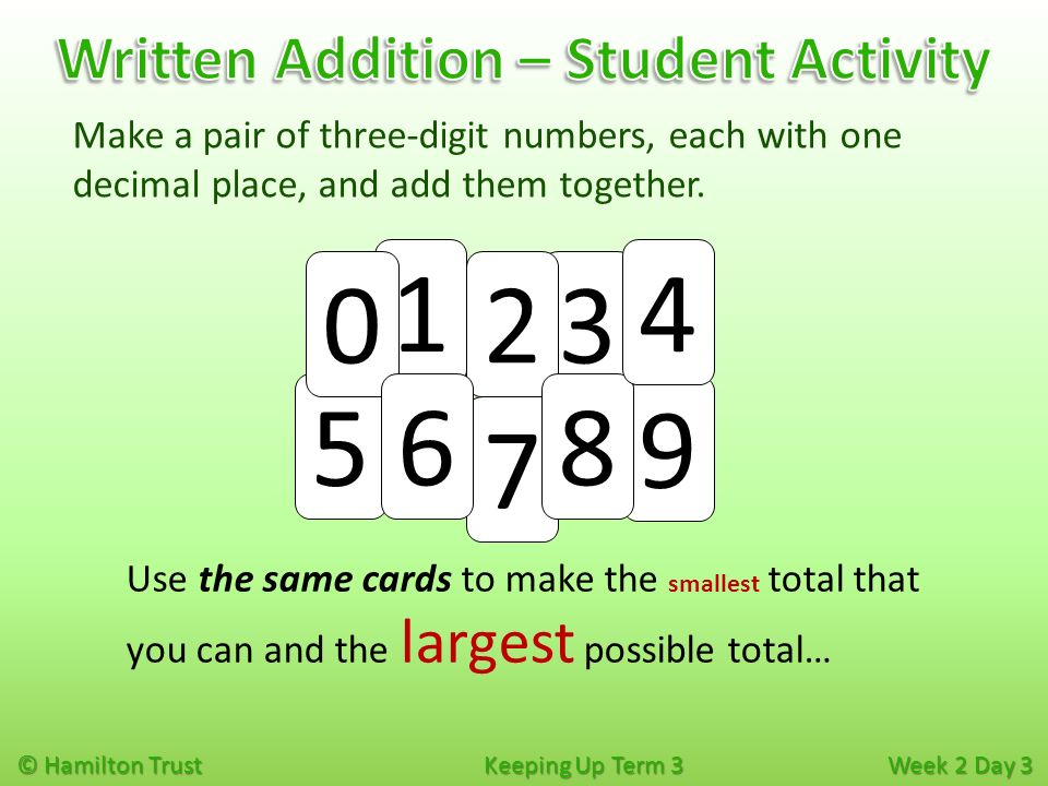 © Hamilton Trust Keeping Up Term 3 Week 2 Day 3 Make a pair of three-digit numbers, each with one decimal place, and add them together.