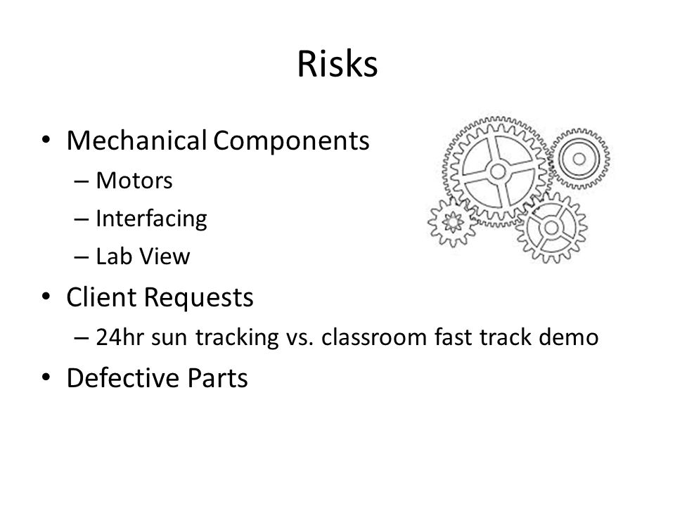 Risks Mechanical Components – Motors – Interfacing – Lab View Client Requests – 24hr sun tracking vs.