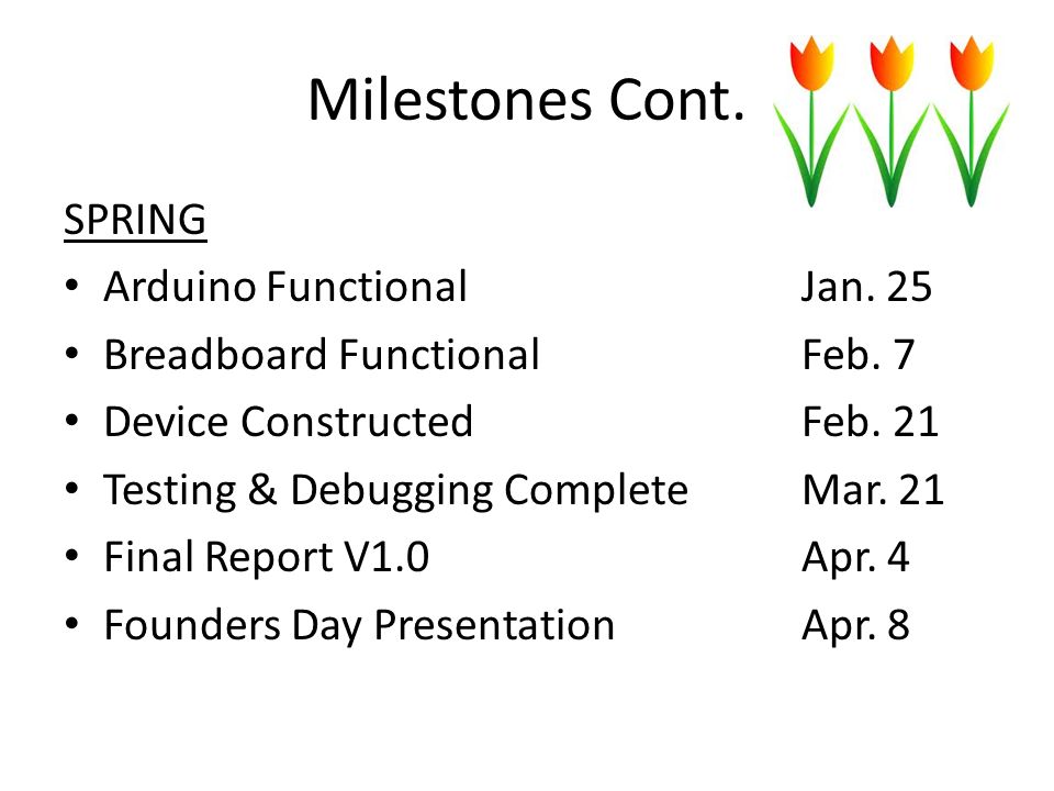Milestones Cont. SPRING Arduino FunctionalJan. 25 Breadboard FunctionalFeb.