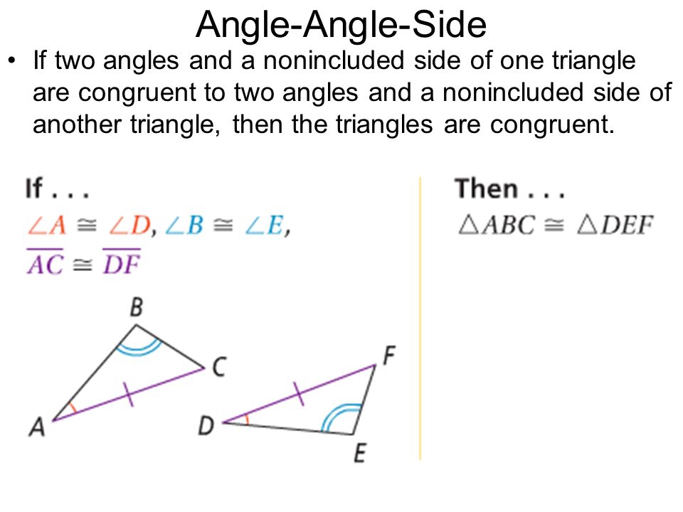 Angle-Angle-Side If two angles and a nonincluded side of one triangle are congruent to two angles and a nonincluded side of another triangle, then the triangles are congruent.