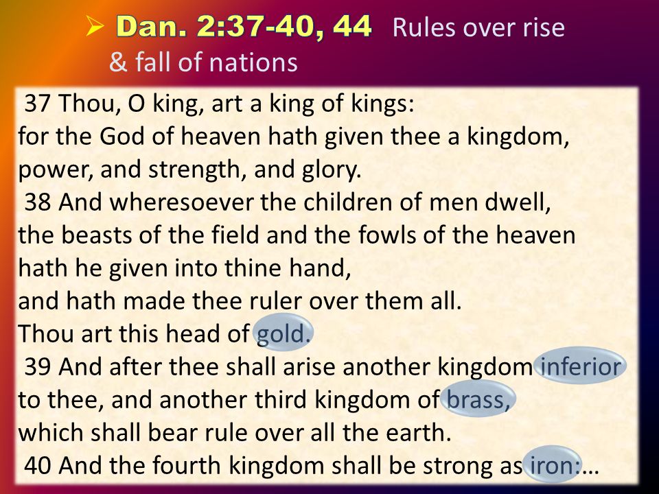 13 37 Thou, O king, art a king of kings: for the God of heaven hath given thee a kingdom, power, and strength, and glory.