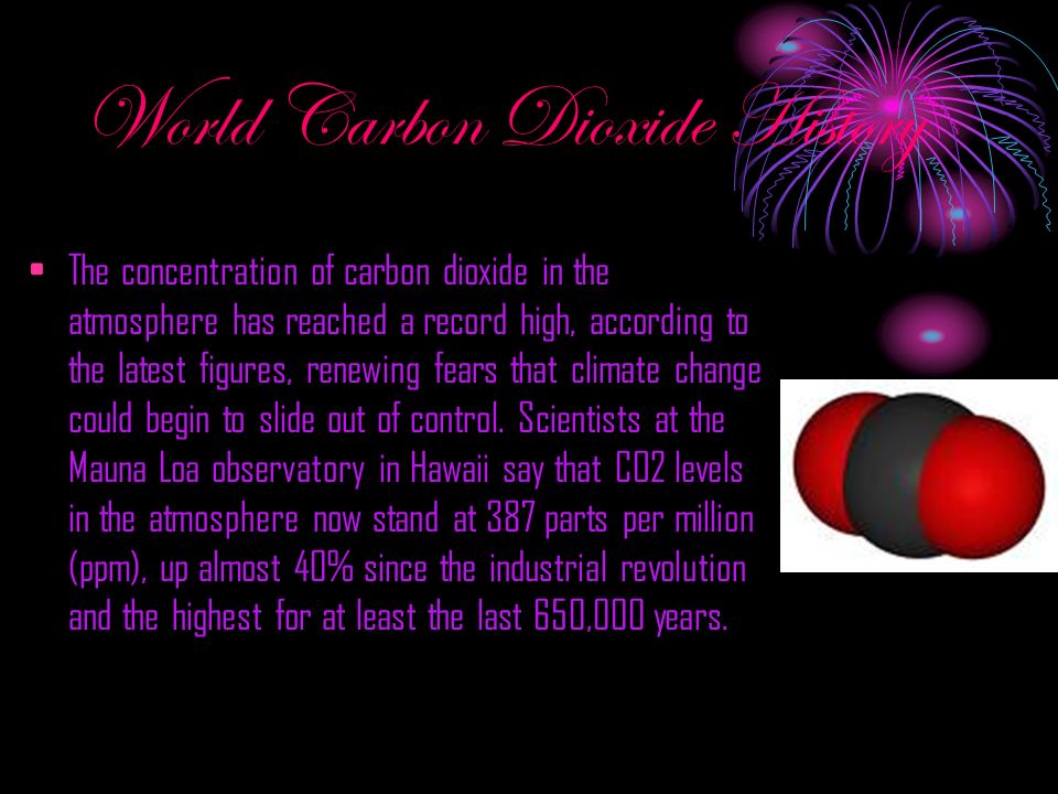 World Carbon Dioxide History The concentration of carbon dioxide in the atmosphere has reached a record high, according to the latest figures, renewing fears that climate change could begin to slide out of control.