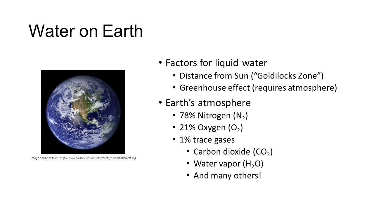 Water on Earth Factors for liquid water Distance from Sun ( Goldilocks Zone ) Greenhouse effect (requires atmosphere) Earth’s atmosphere 78% Nitrogen (N 2 ) 21% Oxygen (O 2 ) 1% trace gases Carbon dioxide (CO 2 ) Water vapor (H 2 O) And many others.