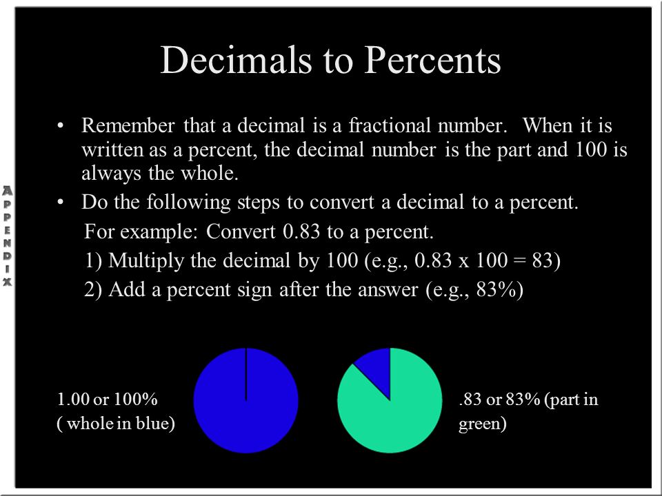 Decimals to Percents Remember that a decimal is a fractional number.
