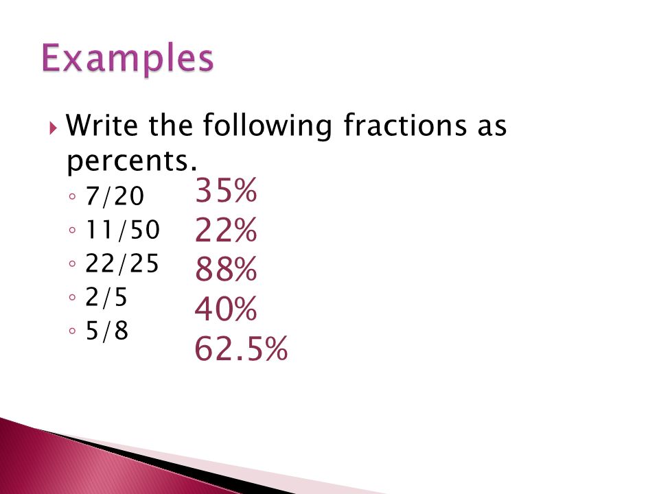  Write the following fractions as percents.