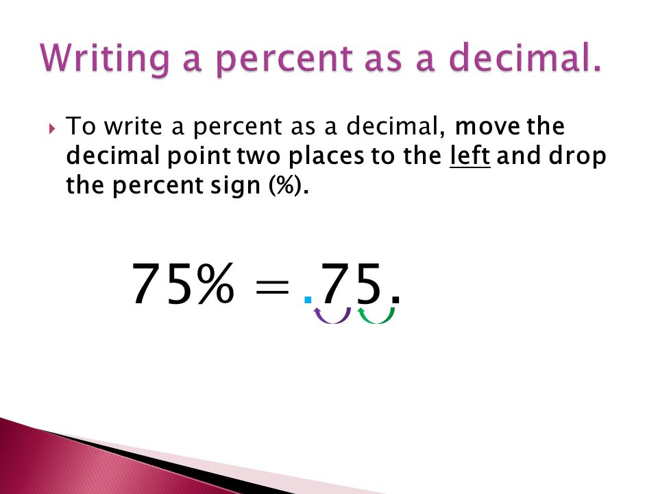  To write a percent as a decimal, move the decimal point two places to the left and drop the percent sign (%) % =