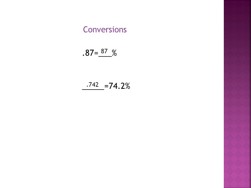 Conversions _____=74.2%.87=___%