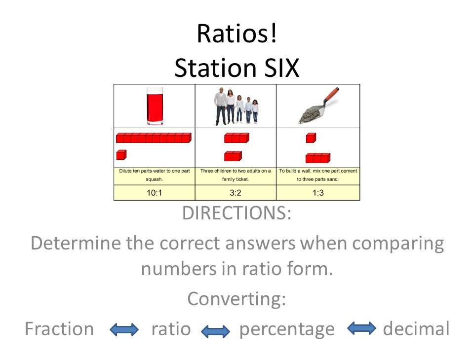 Ratios. Station SIX DIRECTIONS: Determine the correct answers when comparing numbers in ratio form.