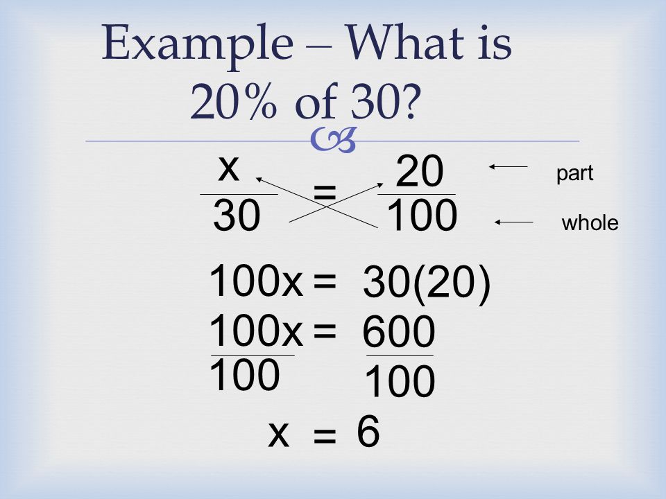  Example – What is 20% of 30 = part whole 30 x = 100x 30(20) = 100x = x6