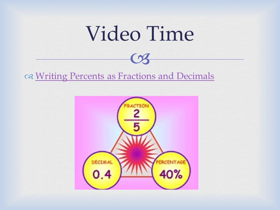   Writing Percents as Fractions and Decimals Writing Percents as Fractions and Decimals Video Time