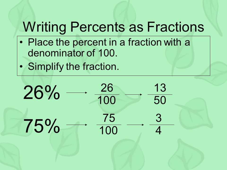 Writing Percents as Fractions Place the percent in a fraction with a denominator of 100.